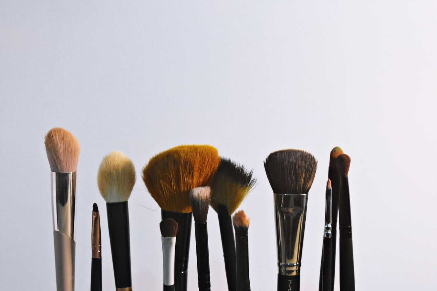 Makeup brushes in various shapes and sizes against a light background.